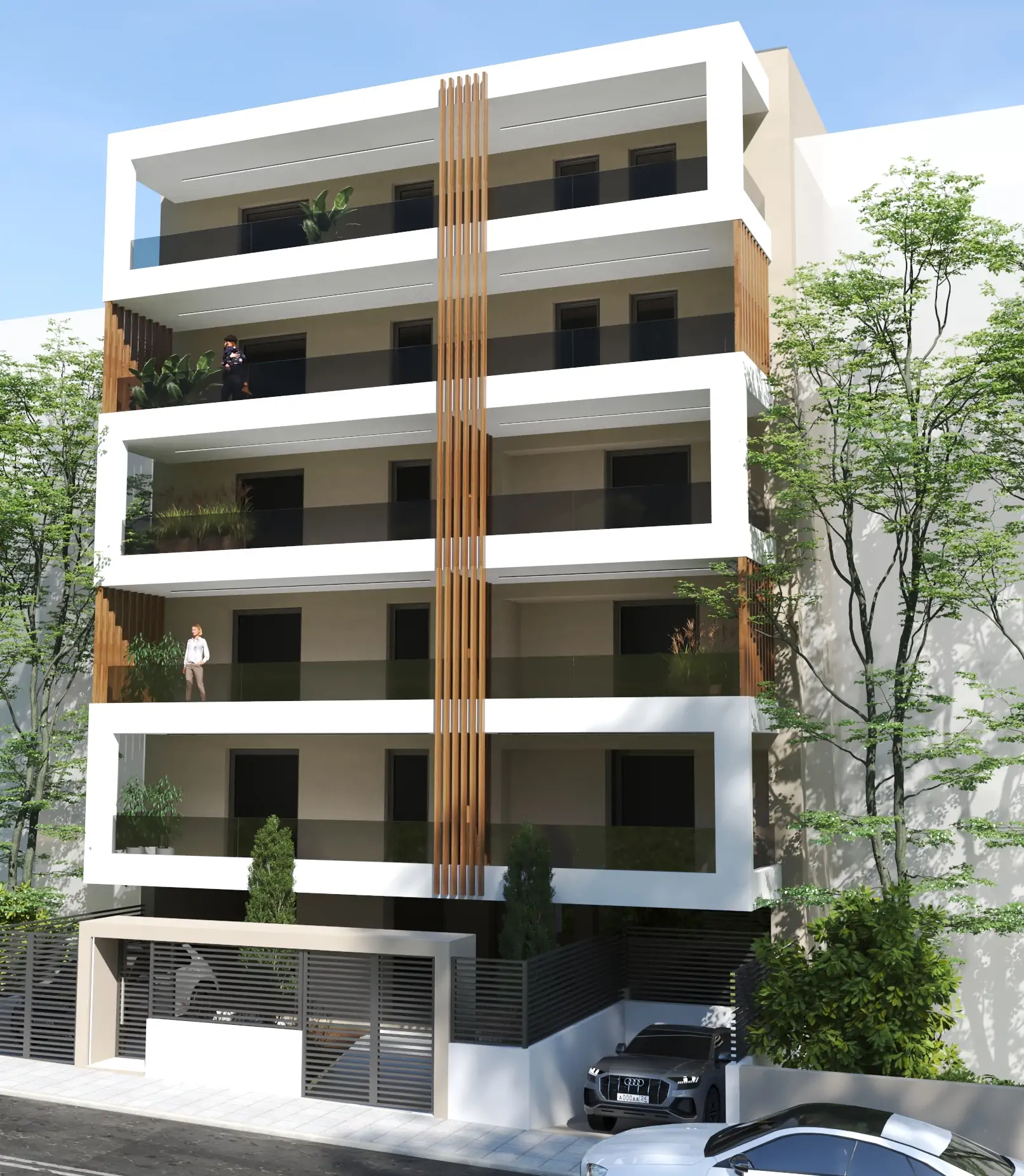 Η πρόσοψη της Saframboli Urban Residence, με λευκά πλαίσια στις βεράντες και κάθετο ξύλινο στοιχείο